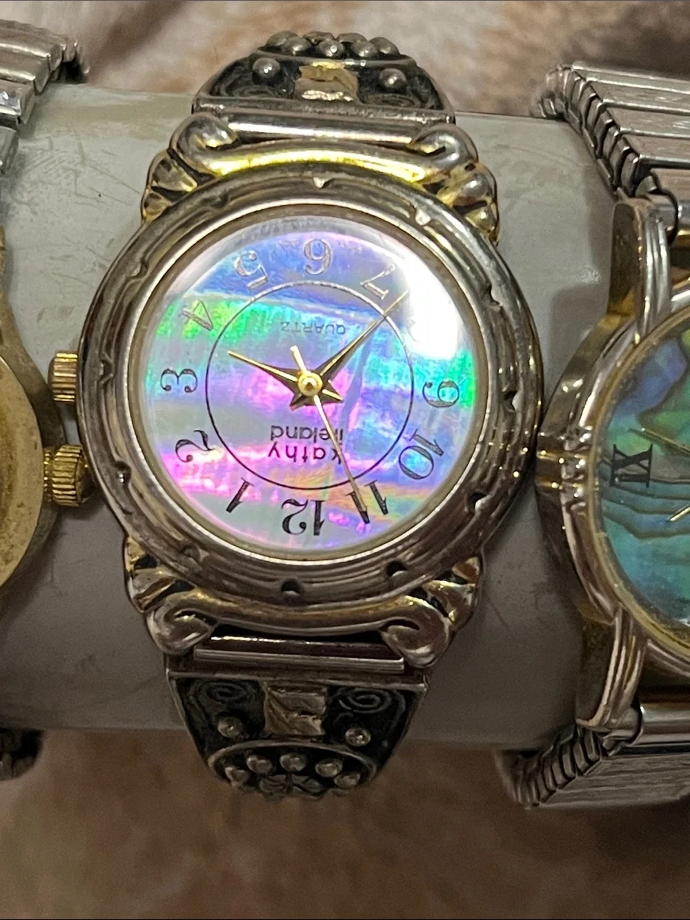 Gitano Silver-Tone Watch with Iridescent Blue-Green Abalone Dial